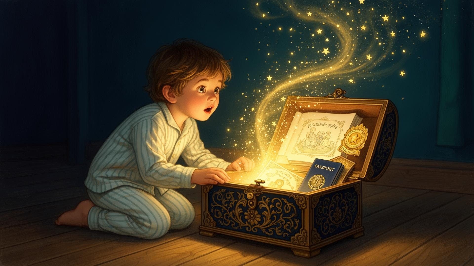 A child opens the Lúmina keepsake box and warm magical light pours out, revealing the storybook, the passport and the first insignias.