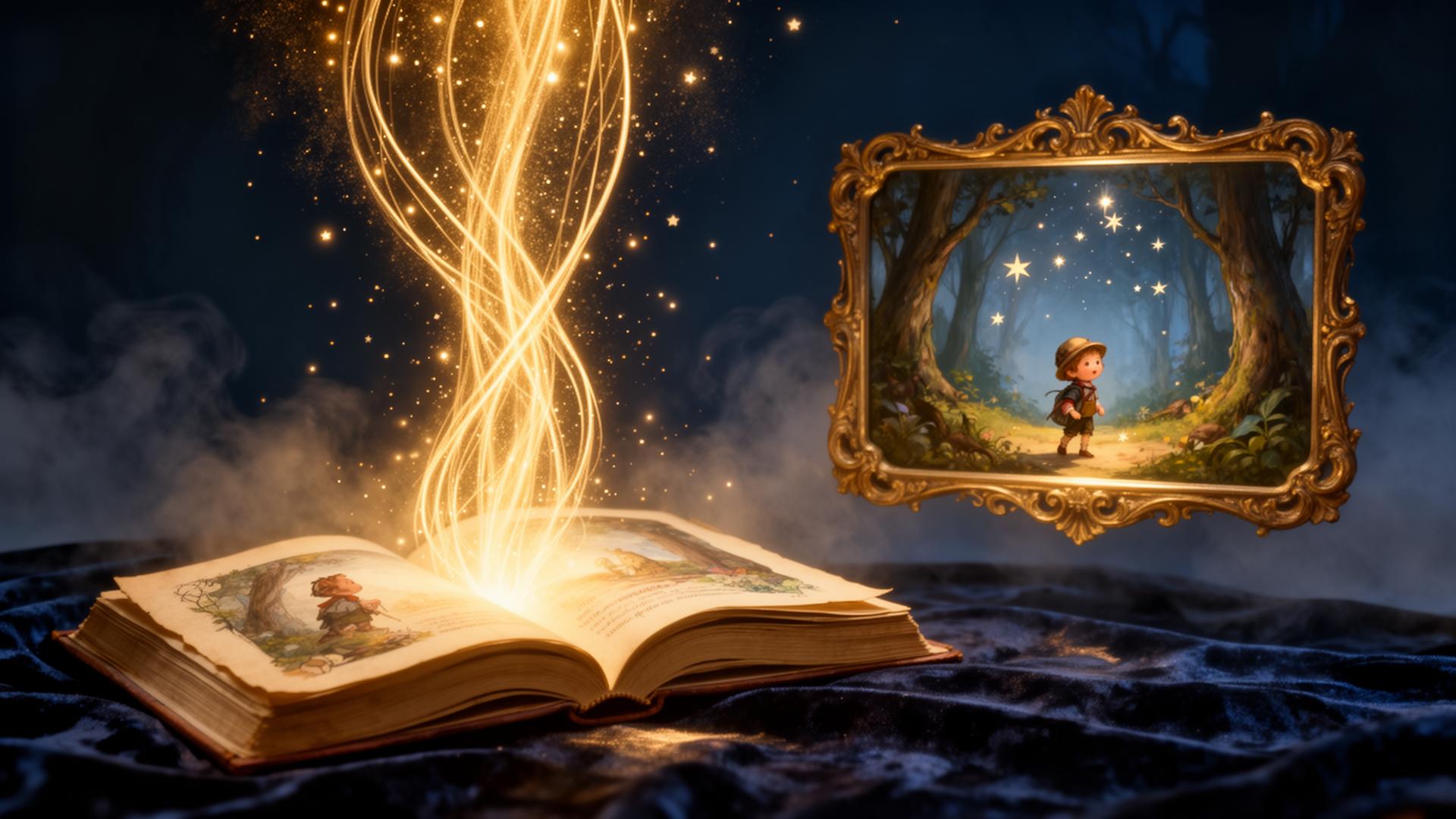 An open illustrated book with golden streams of light flowing from its pages into a glowing magical frame where the same story comes alive.